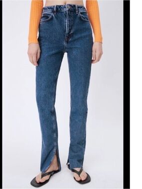 Zara Blue High-Rise Straight Leg Jeans with Front Slits
